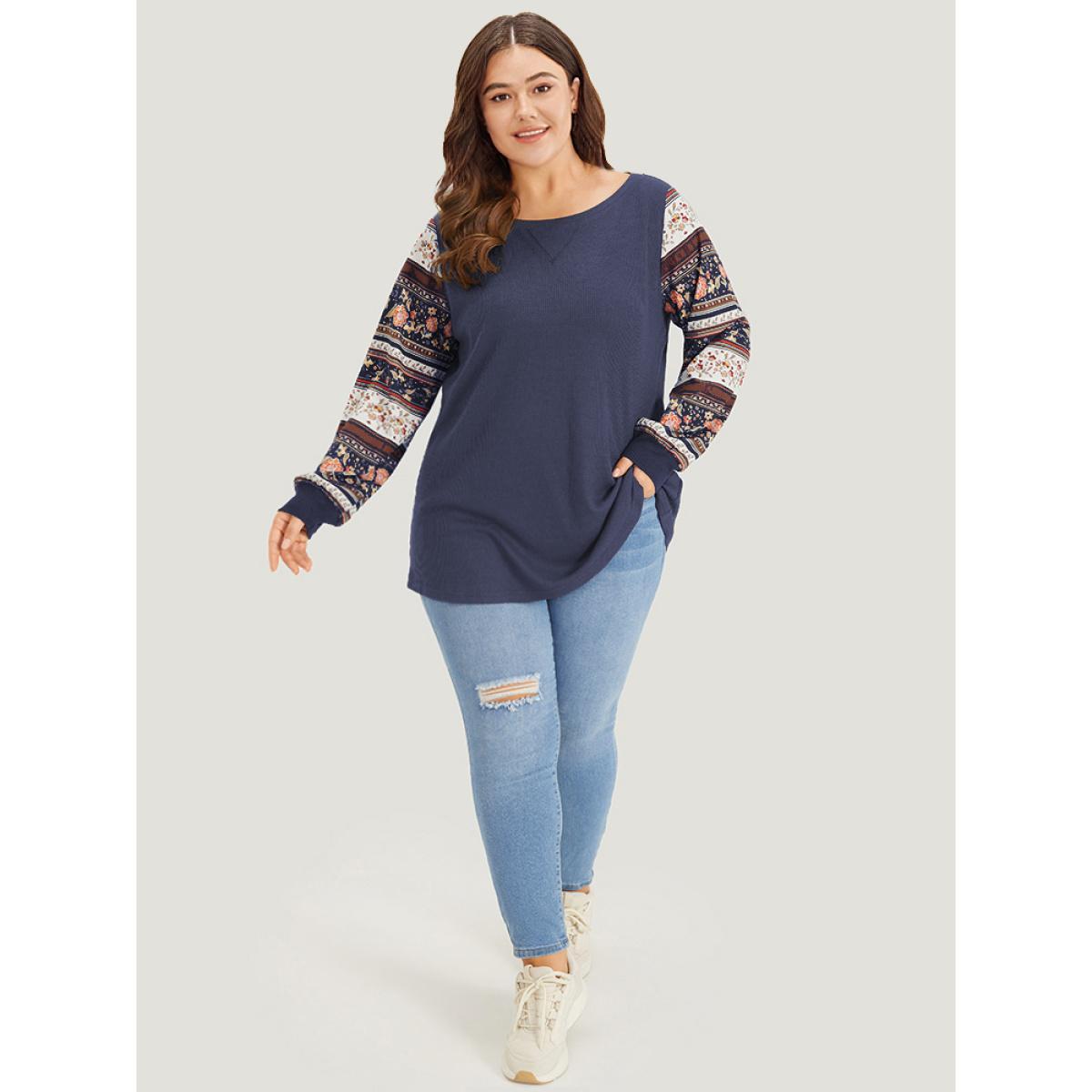 Plus Size Boho Print Patchwork Crew Neck Sweatshirt Women DarkBlue Casual Elastic cuffs Round Neck Everyday Sweatshirts BloomChic 30/6X Product Image