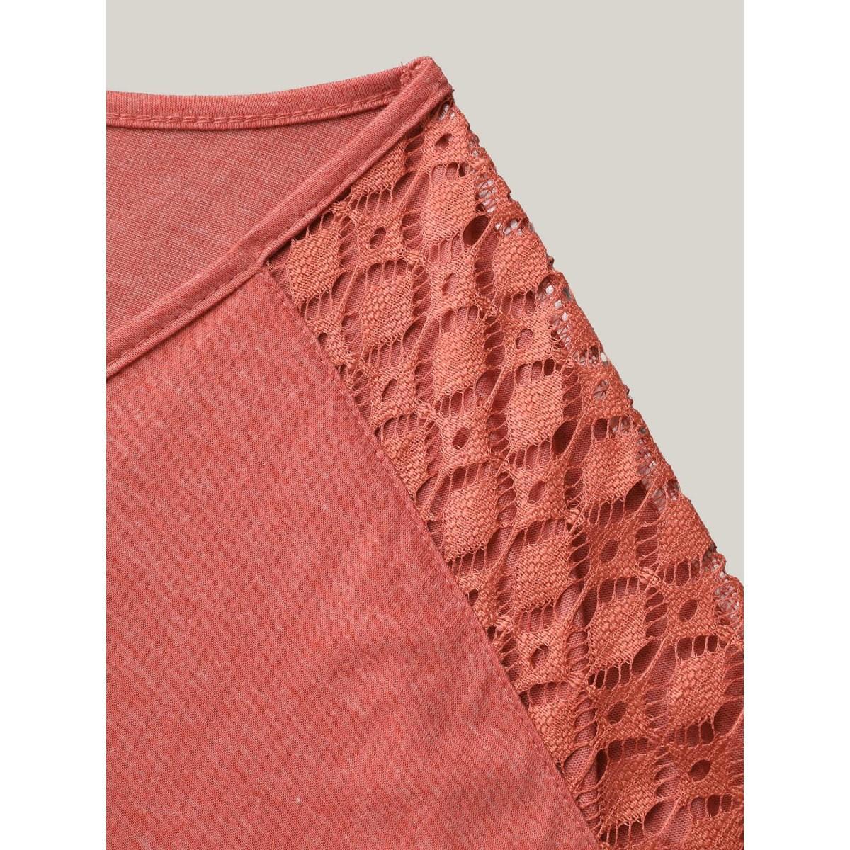 Plus Size V-Neck Sheer Lace Pockets Midi Dress OrangeRed Women Casual Woven ribbon&lace trim V-neck Short sleeve Curvy BloomChic 18-20/2X Product Image