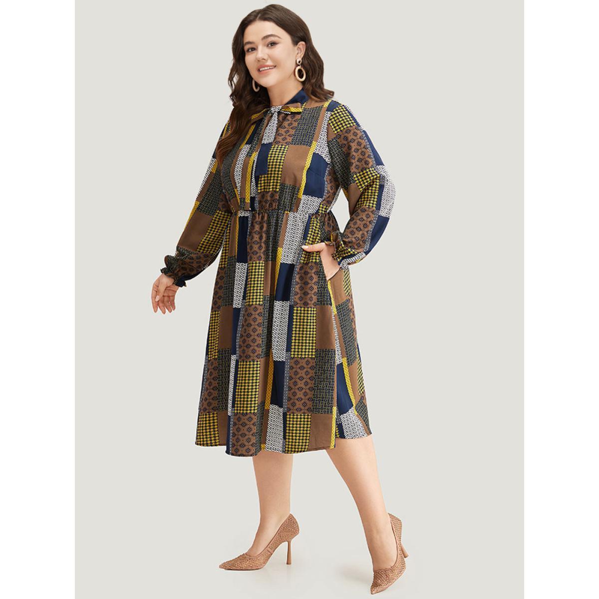 Plus Size Colorblock Patchwork Lantern Sleeve Knot Dress Multicolor Women Office Cross straps Tie Neck Long Sleeve Curvy Midi Dress BloomChic 28/5X Product Image