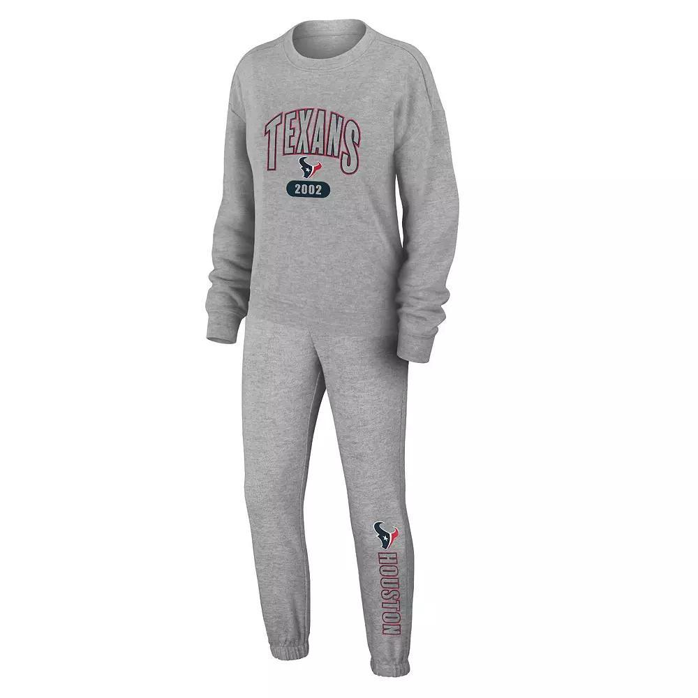 Women's WEAR by Erin Andrews Heather Gray Houston Texans Knit Long Sleeve Tri-Blend T-Shirt & Pants Sleep Set, Size: 2XL, Grey Product Image