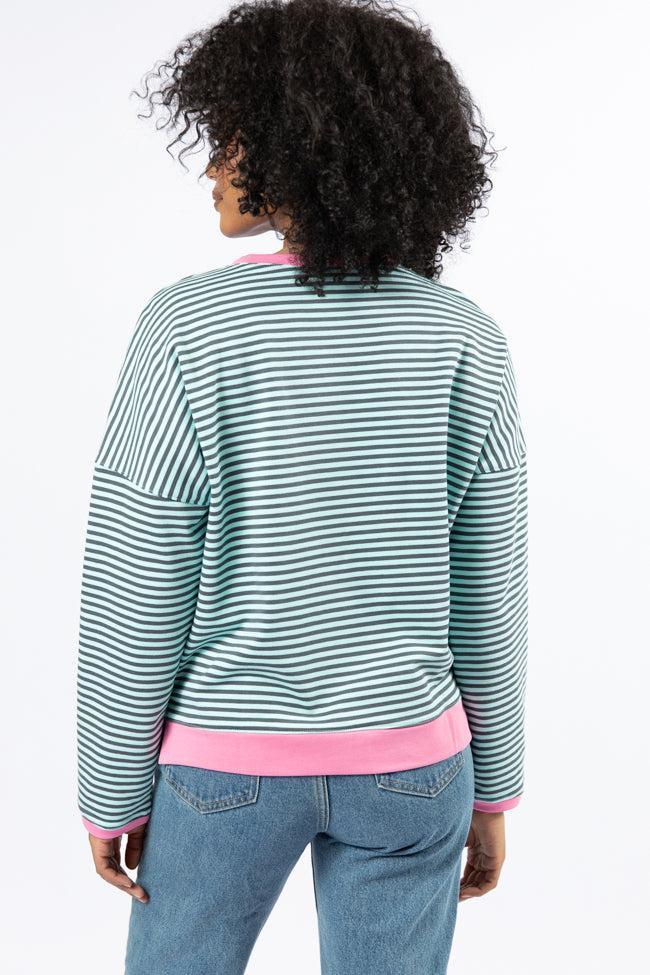 Think On It Pink, Navy, and Charcoal Striped Contrast Trim Pullover FINAL SALE Product Image