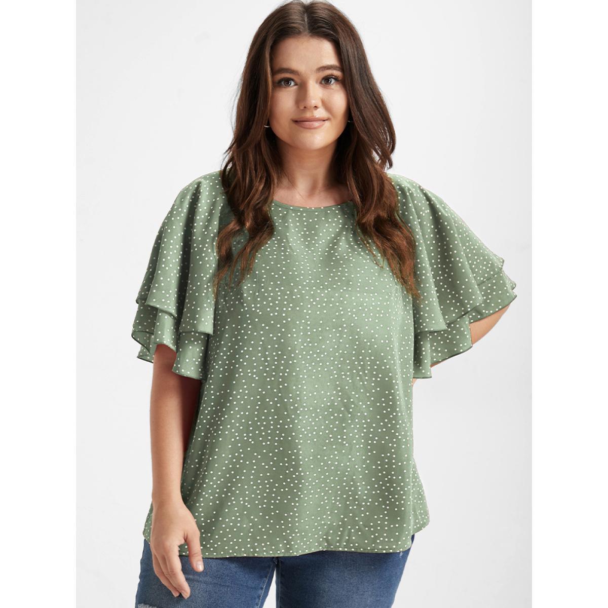 Plus Size LightGreen Polka Dot Ruffle Tiered Sleeve Blouse Women Elegant Short sleeve Round Neck Dailywear Blouses BloomChic 26/4X Product Image