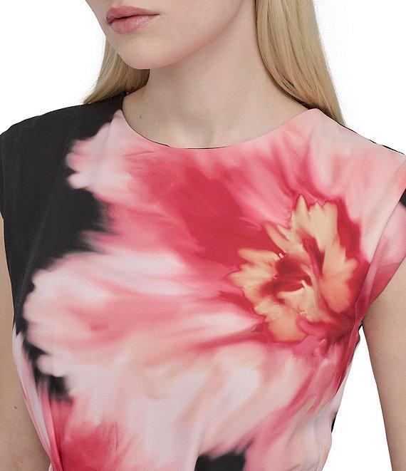 DKNY by Donna Karan Woven Floral Print Crew Neck Cap Sleeve Belted Fit and Flare Midi Dress Product Image