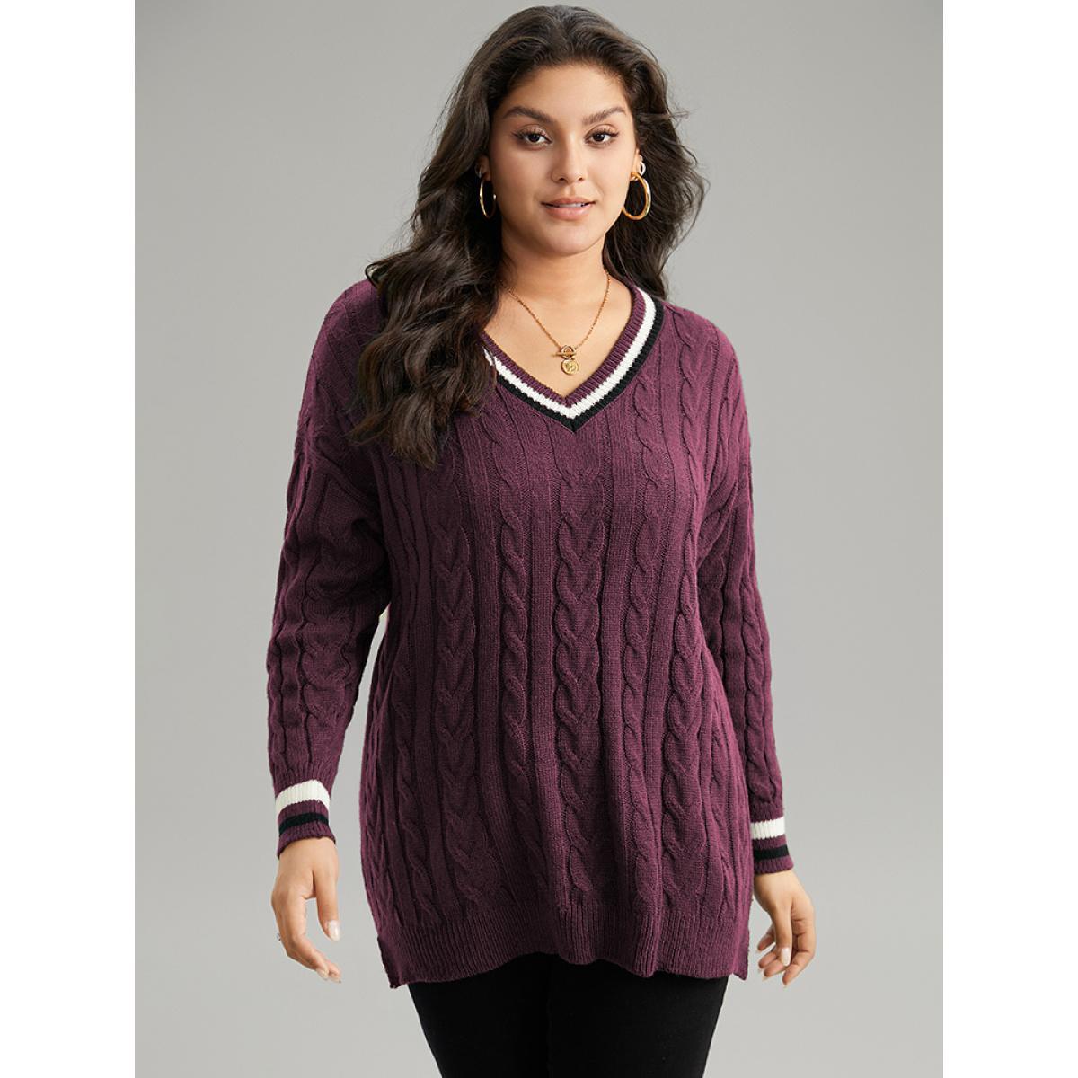 Plus Size Cable Knit Contrast Trim Drop Shoulder Pullover Burgundy Women Casual Loose Long Sleeve V-neck Dailywear Pullovers BloomChic 26/4X Product Image