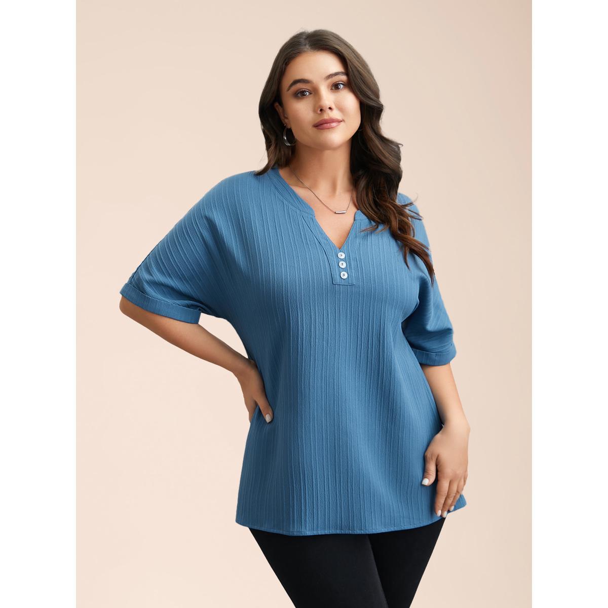 Plus Size Cerulean Notched Collar Textured Button Blouse Women Elegant Short sleeve V-neck Everyday Blouses BloomChic 14-16/1X Product Image