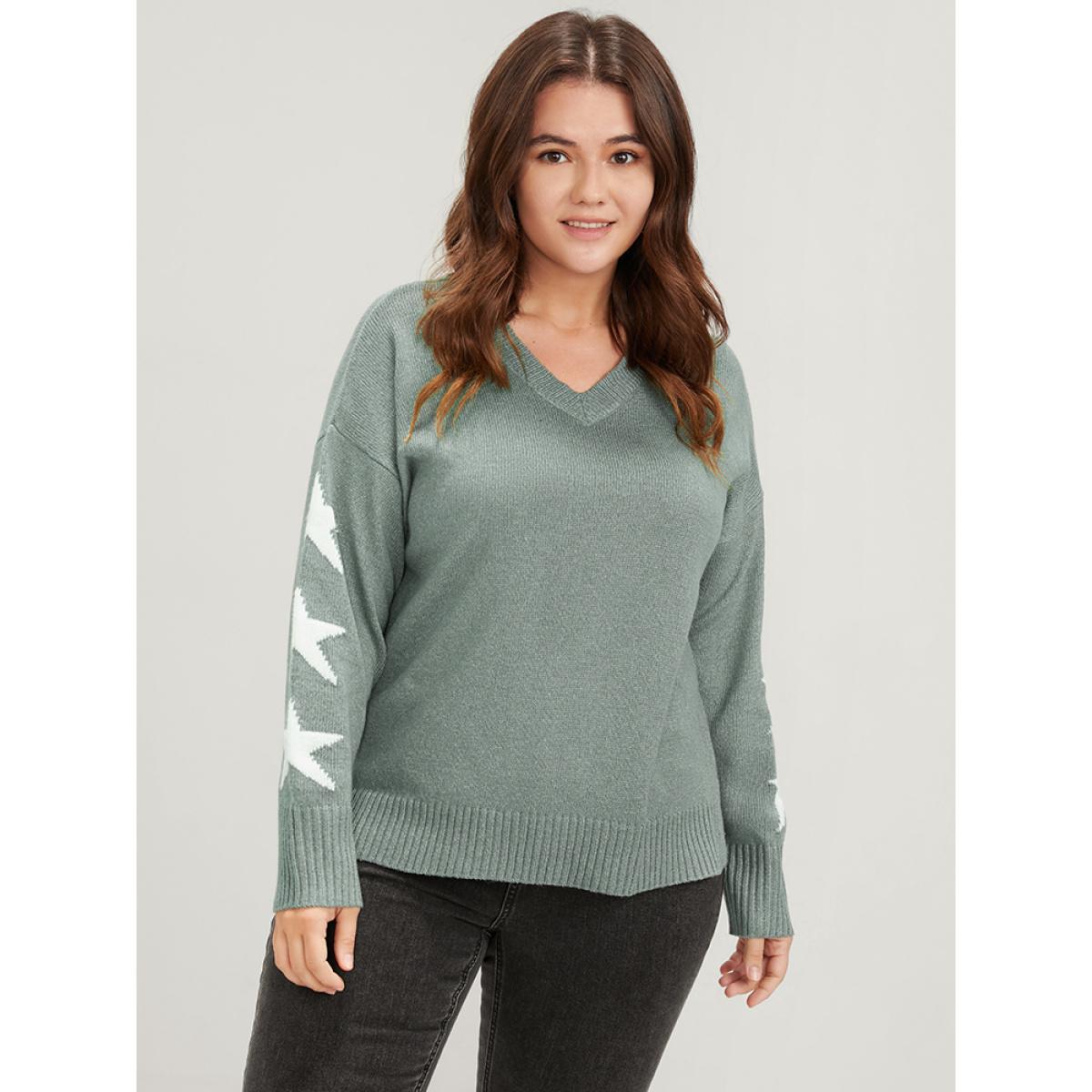 Plus Size Star Print Contrast Pointelle Knit Slpit Hem Knit Top DarkSlateGray Women Casual Long Sleeve V-neck Dailywear Pullovers BloomChic 30/6X Product Image