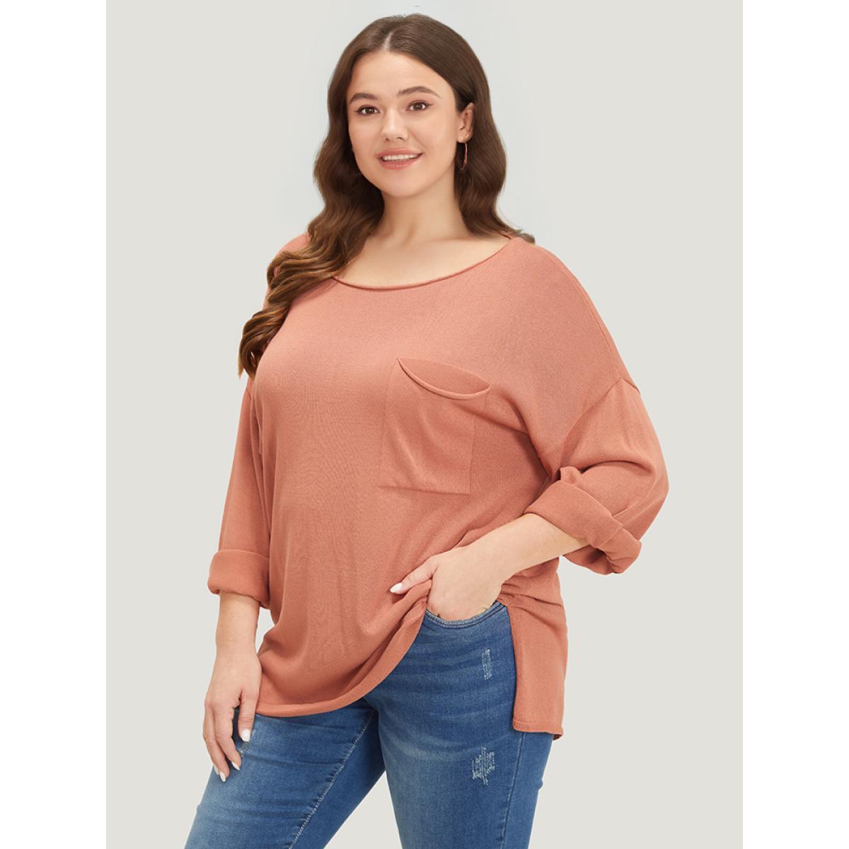 Plus Size Solid Patched Pocket Split Side Pullover OrangeRed Women Casual Loose Long Sleeve Round Neck Everyday Pullovers BloomChic 10/M Product Image