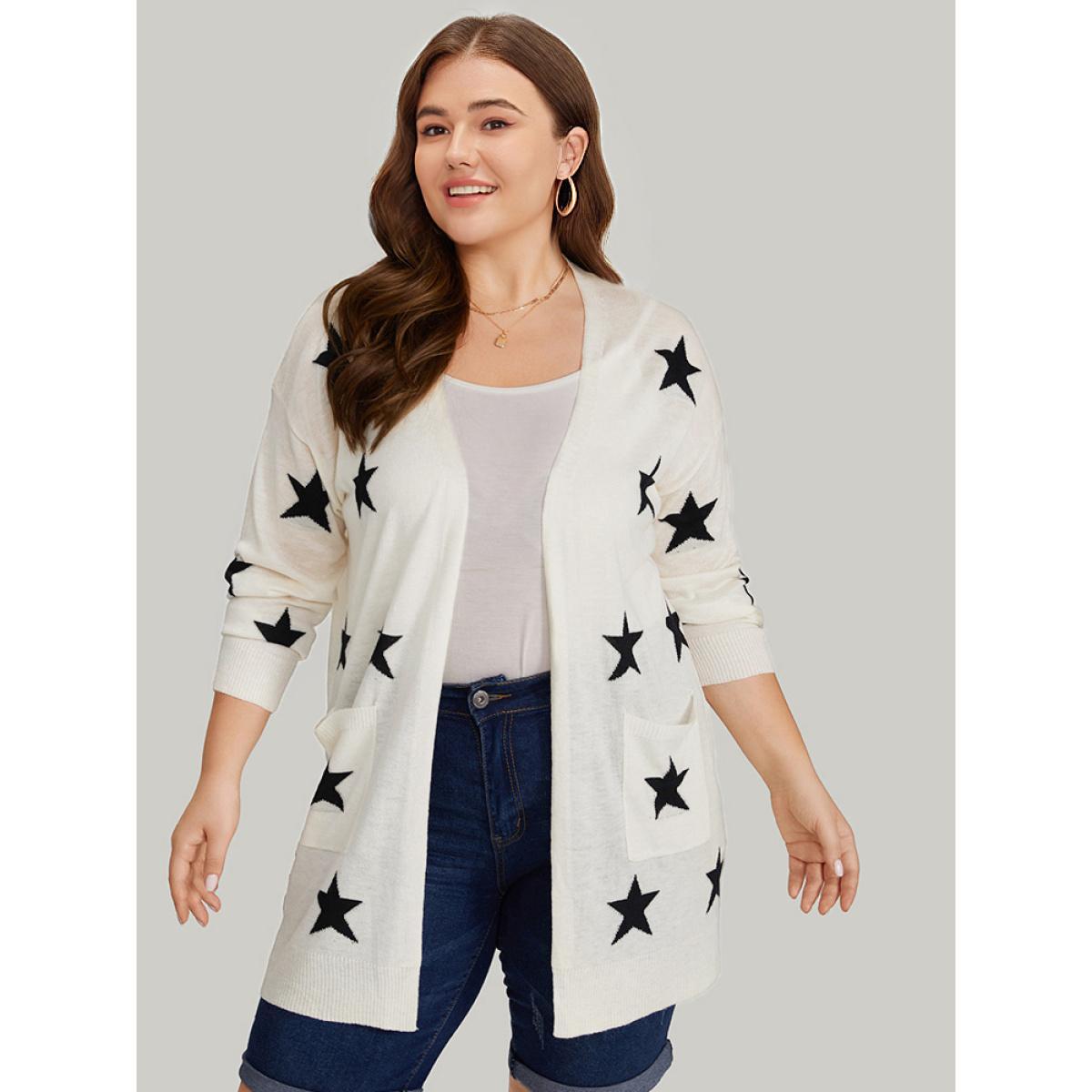 Plus Size Supersoft Essentials Star Print Pocket Open Front Cardigan Beige Women Casual Loose Long Sleeve Dailywear Cardigans BloomChic 26/4X Product Image