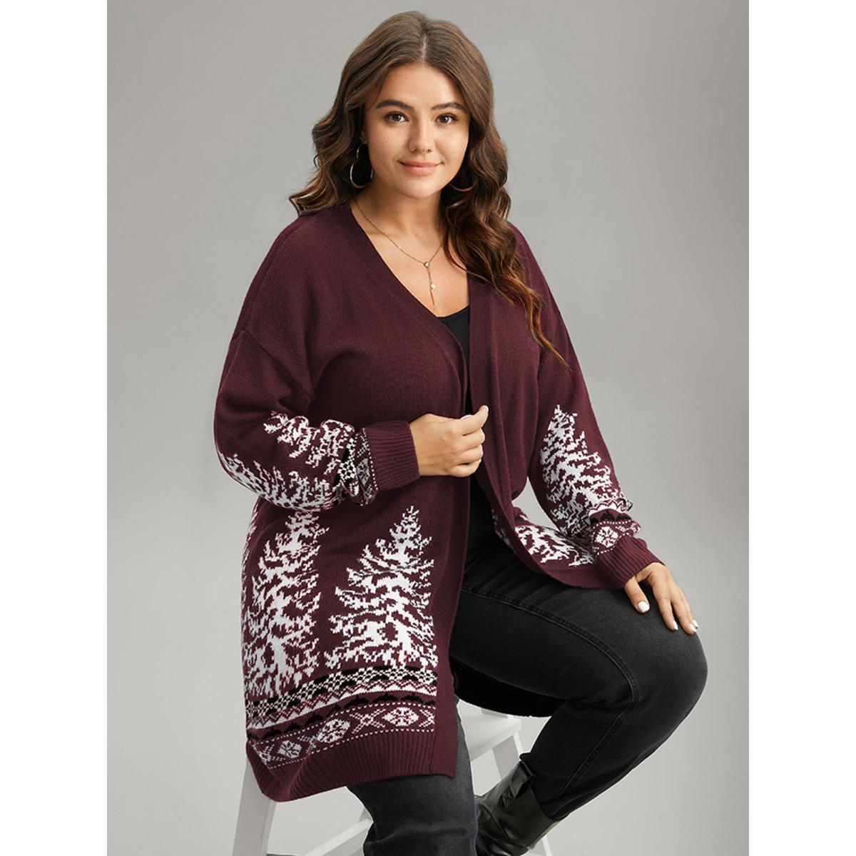 Plus Size Christmas Trees Contrast Cardigan Scarlet Women Casual Loose Long Sleeve Festival-Christmas Cardigans BloomChic 30/6X Product Image
