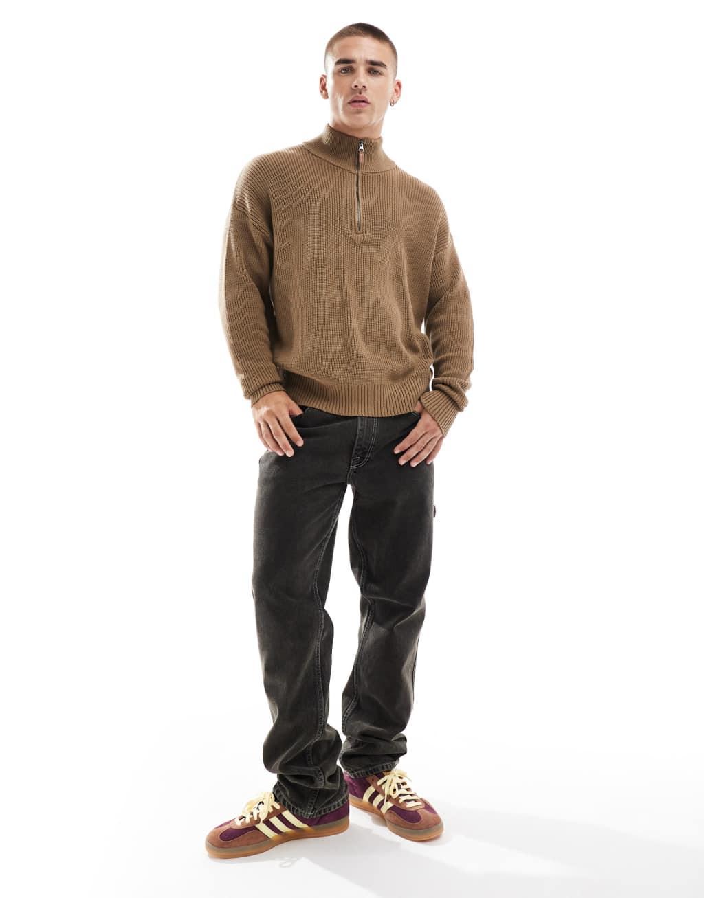 Cotton On knitted long sleeve polo top in tan Product Image