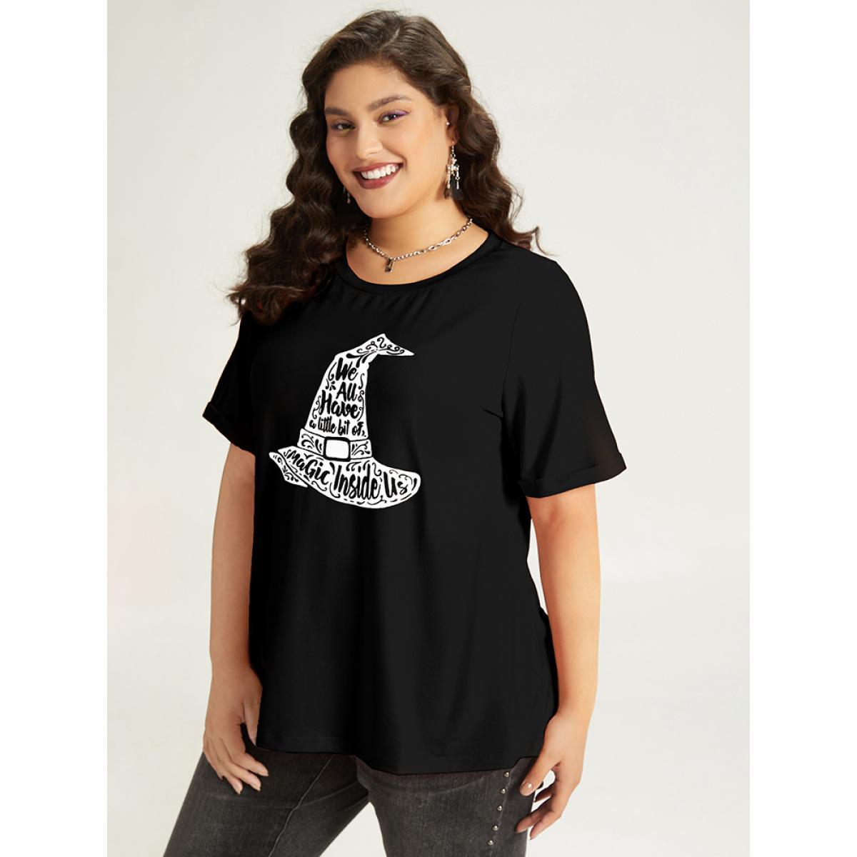 Plus Size Halloween Graphic Roll Sleeve Crew Neck T-shirt Black Women Casual Printed Halloween Festival-Halloween T-shirts BloomChic 18-20/2X Product Image