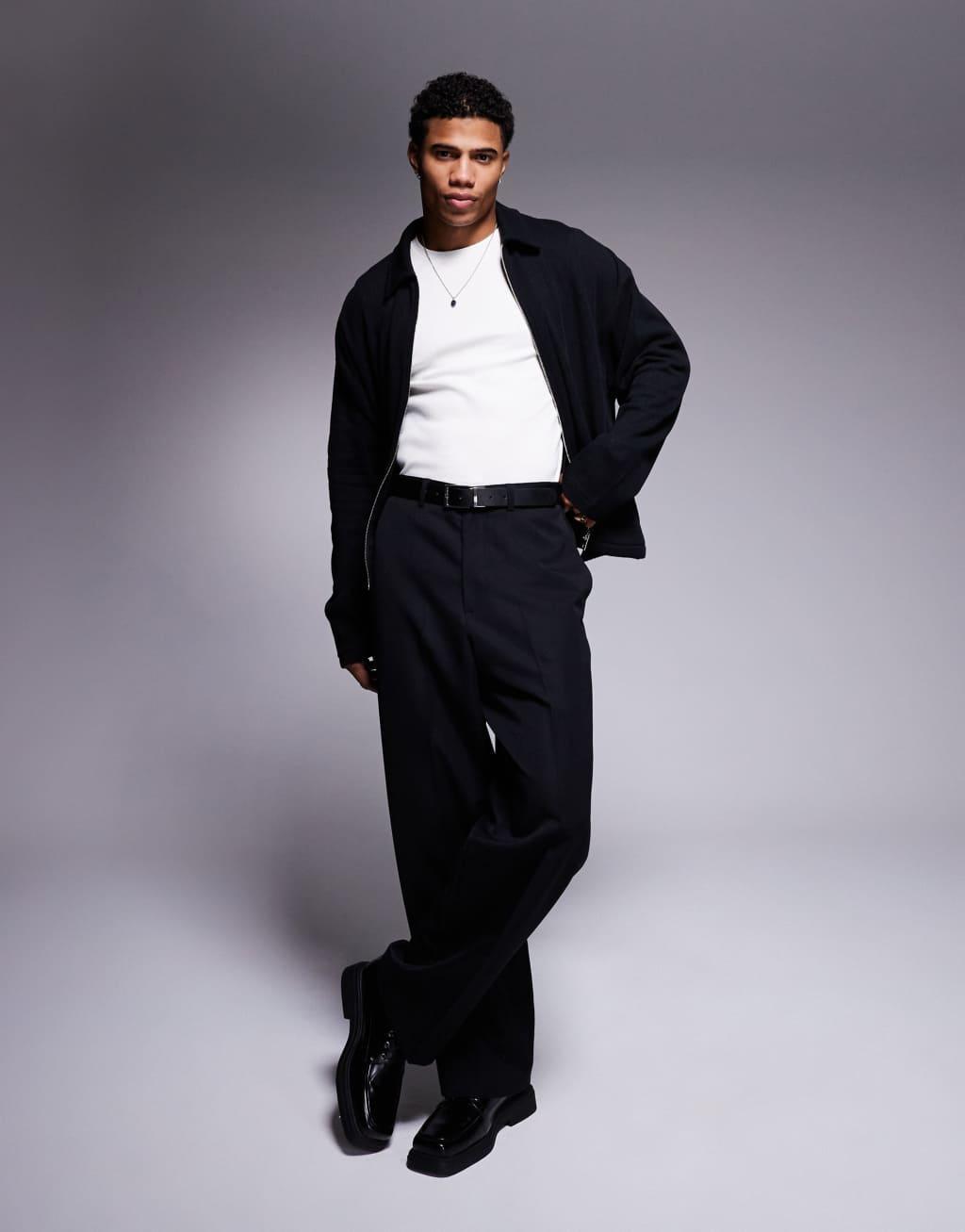 ASOS DESIGN oversized boxy zip through shacket with ribbed texture in black Product Image