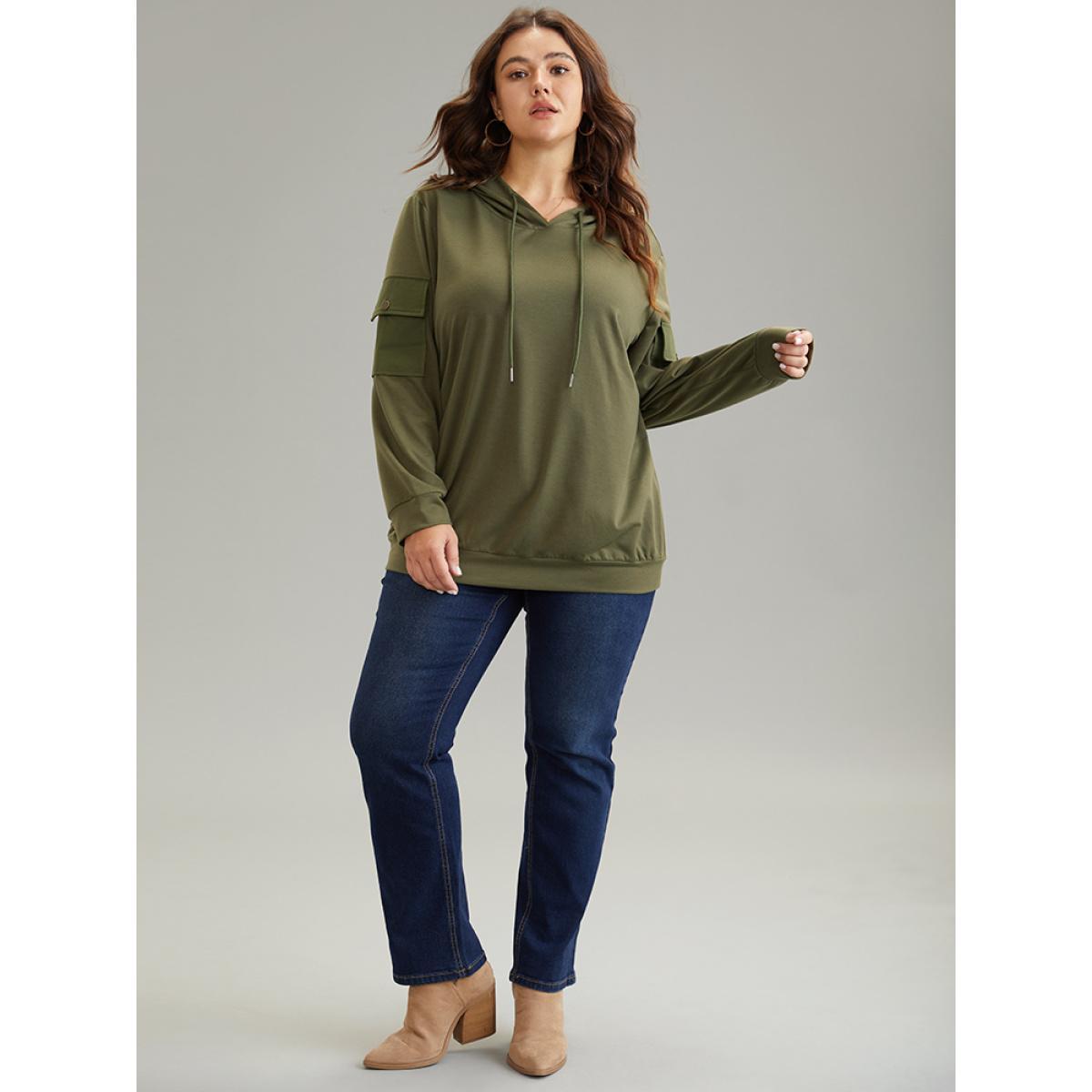 Plus Size Solid Flap Pocket Hooded Drawstring Sweatshirt Women ArmyGreen Casual Plain Hooded Dailywear Sweatshirts BloomChic 18-20/2X Product Image