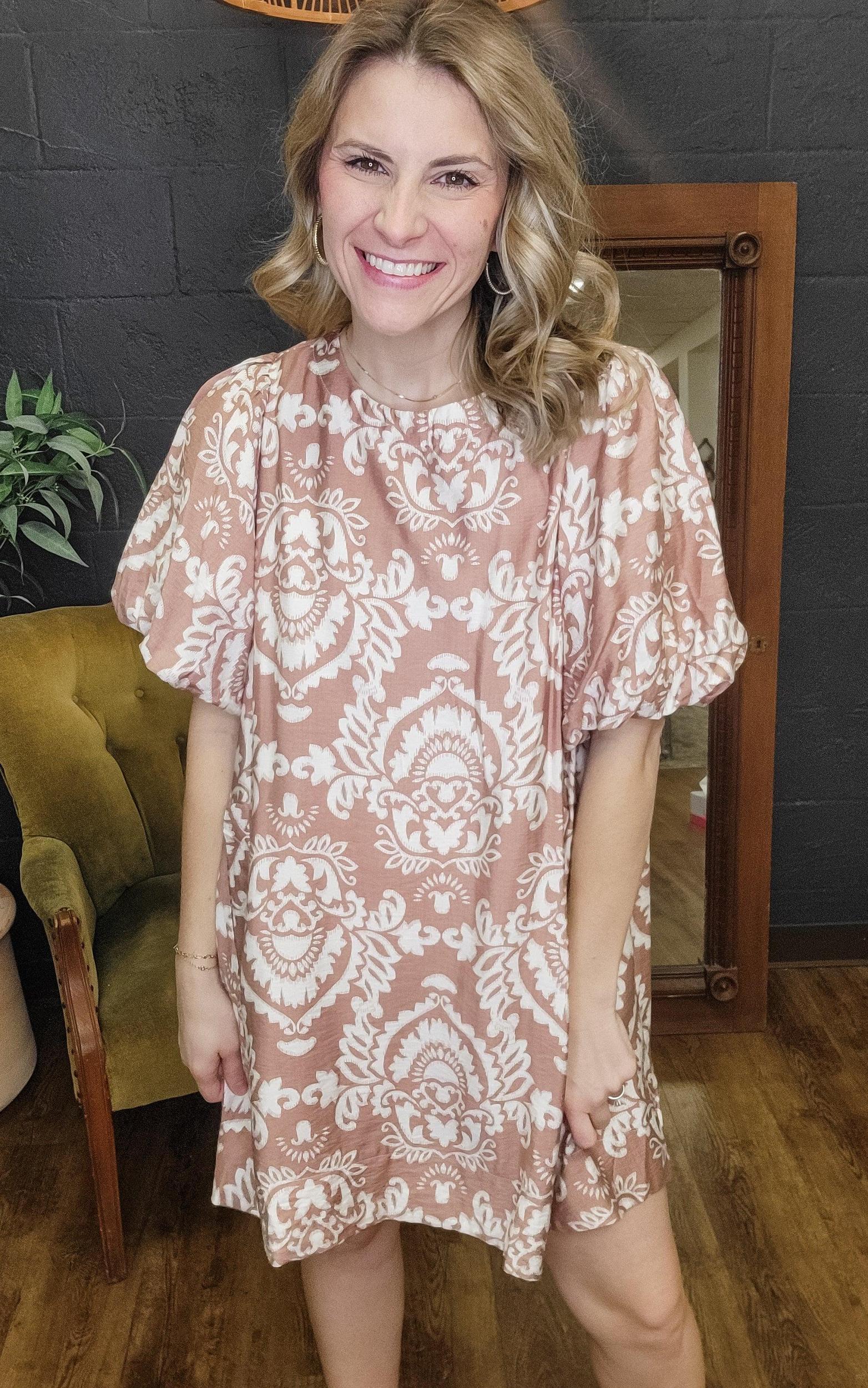 The Victoria Mauve and Ivory Print Dress (Small to Large) Product Image