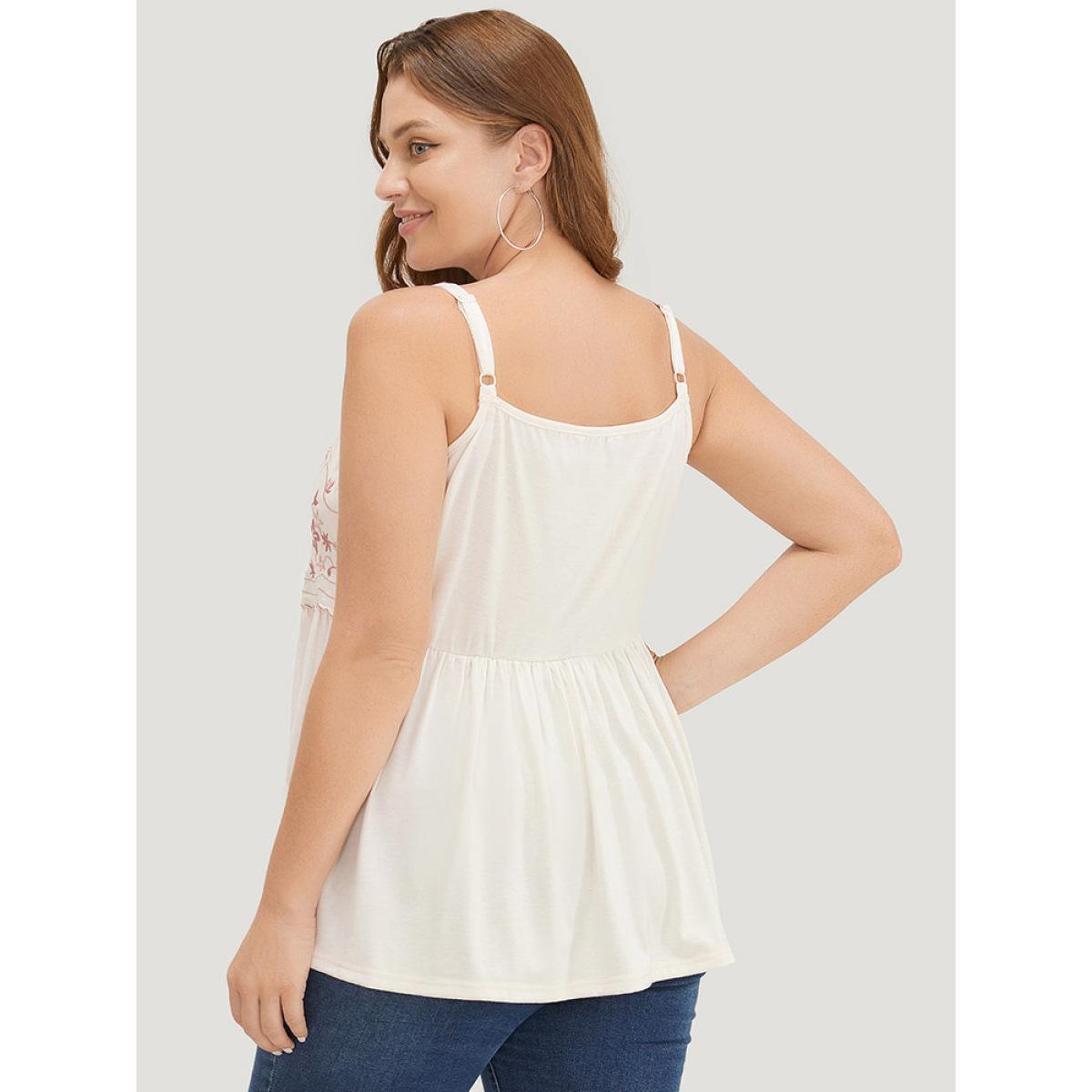 Plus Size Floral Embroidered Ruffle Hem Cami Top Women Beige Elegant Gathered V-neck Vacation Tank Tops Camis BloomChic 18-20/2X Product Image