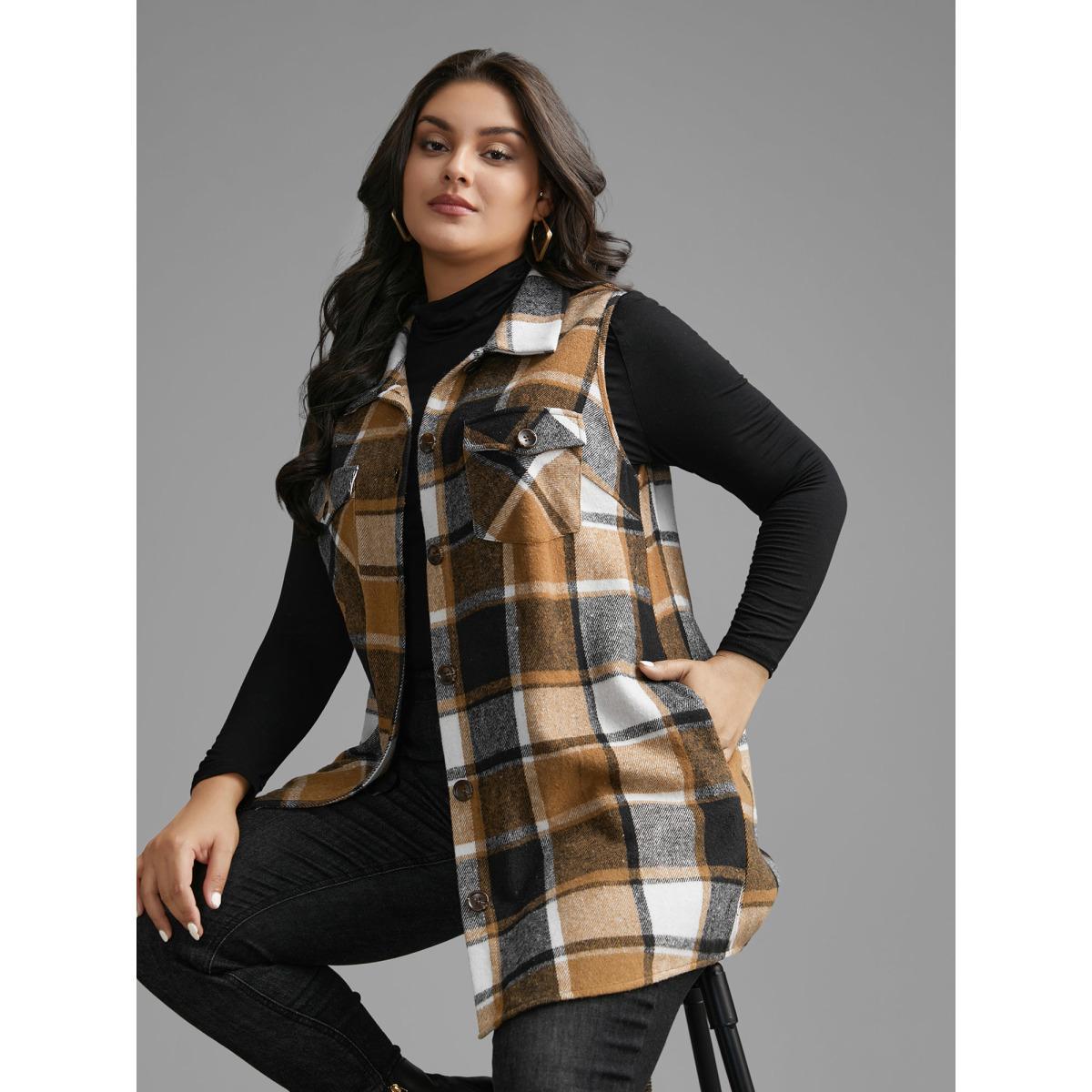 Plus Size Plaid Flap Detail Sleeveless Jacket Women Yellowishbrown Button Side seam pocket Everyday Jackets BloomChic 28/5X Product Image