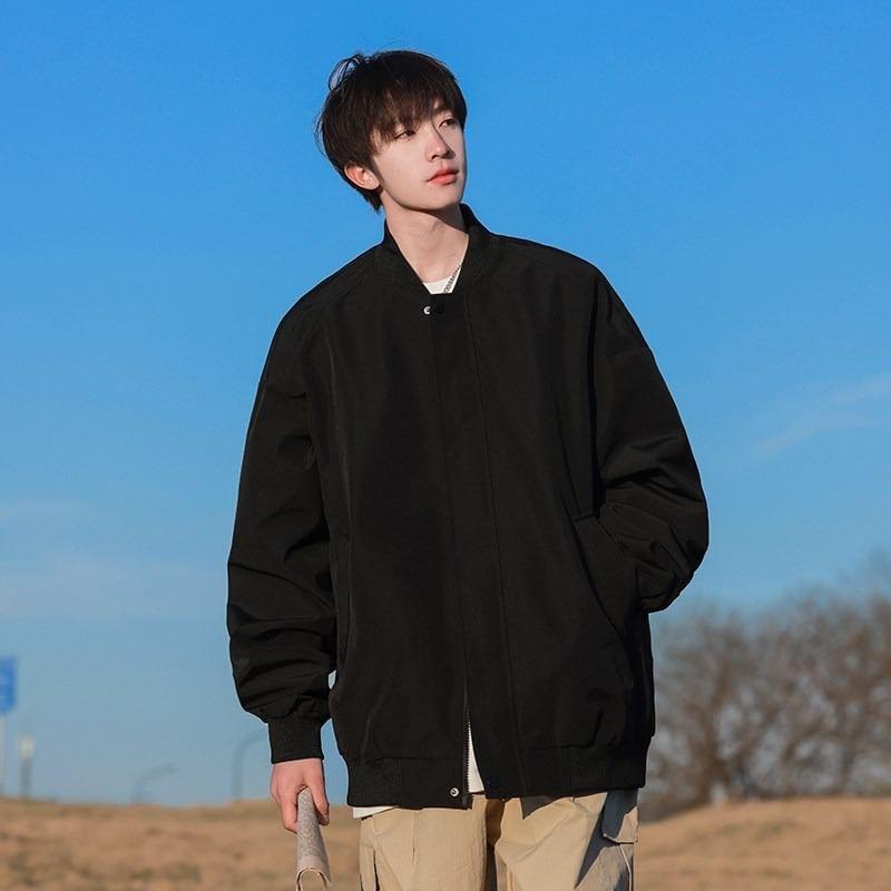Stand Collar Plain Zip Bomber Jacket Product Image