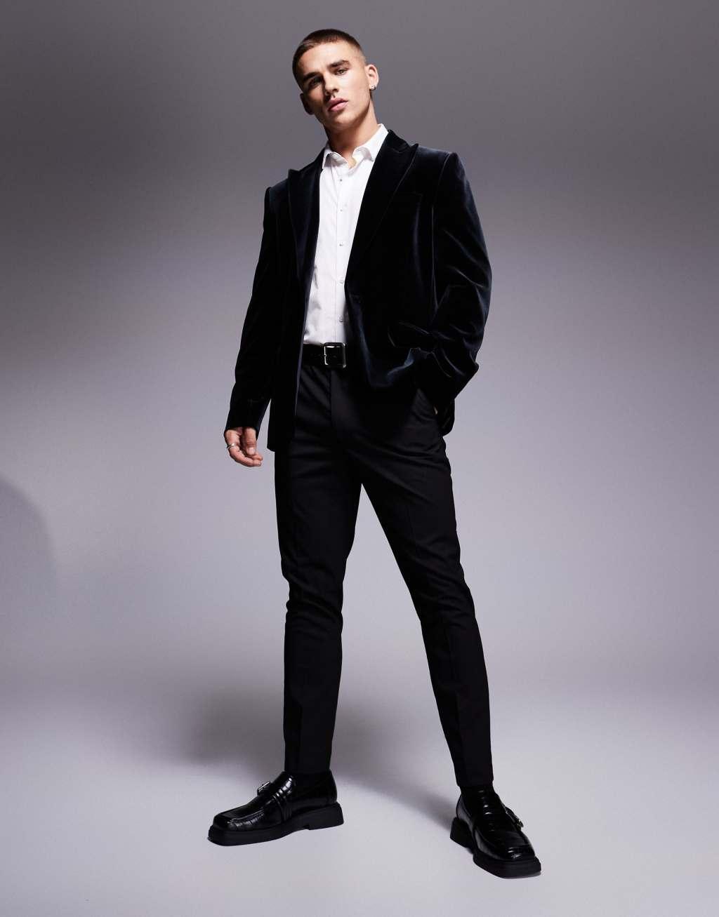 ASOS DESIGN slim fit velvet blazer in black Product Image