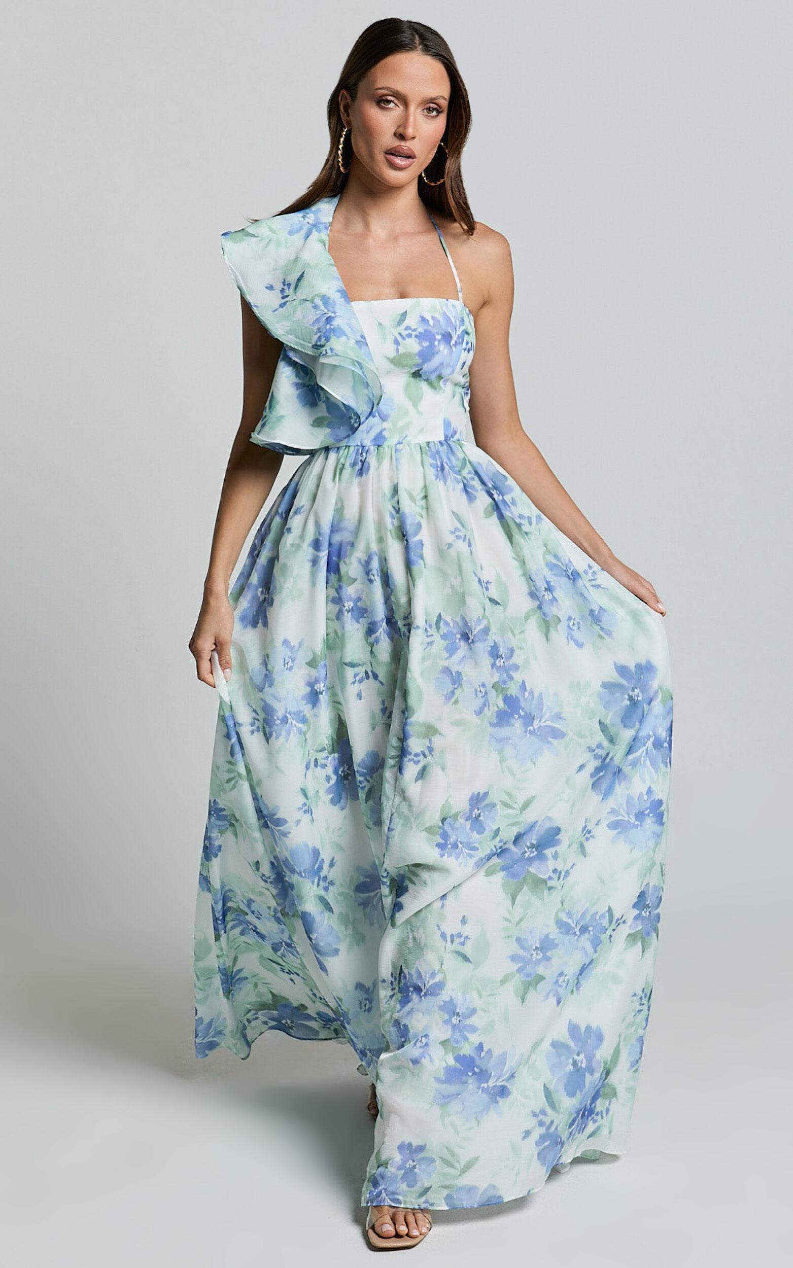 Amalie The Label - Fleur Halter Ruffle Detail A Line Maxi Dress in Elysian Print Product Image