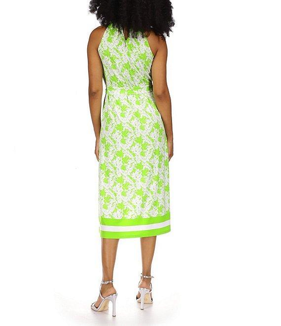 Michael Kors Tropical Palm Print Stretch Matte Jersey Chain Halter Neck Sleeveless Tie Waist A-Line Midi Dress Product Image