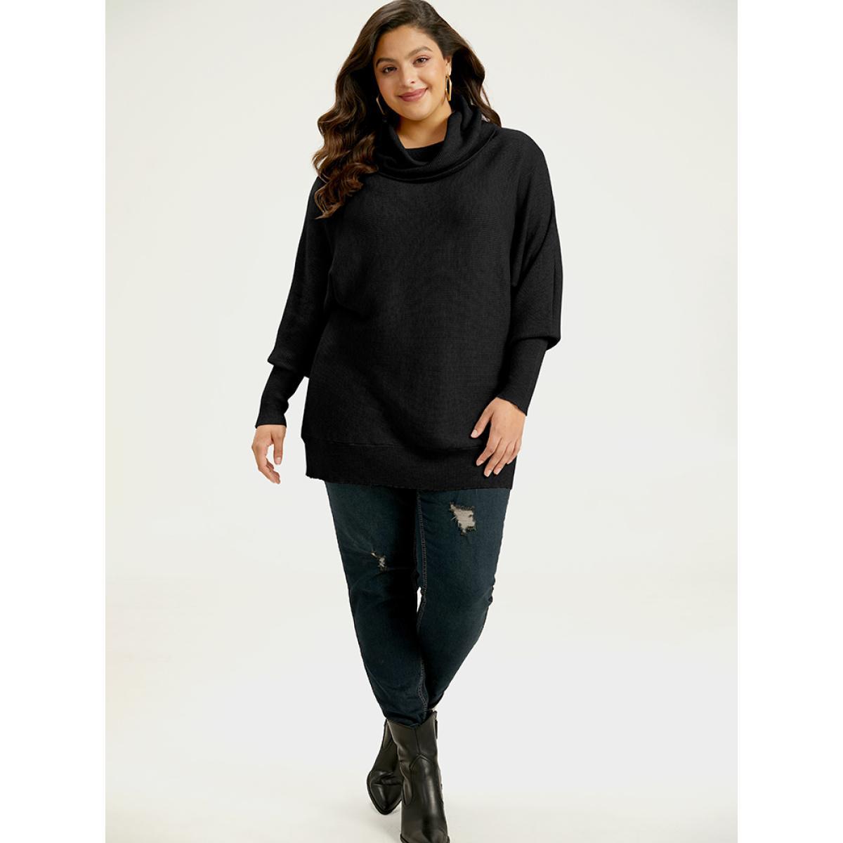 Plus Size Supersoft Essentials Lapel Collar Batwing Sleeve Pullover Black Women Casual Loose Long Sleeve Lapel Collar Dailywear Pullovers BloomChic 30/6X Product Image