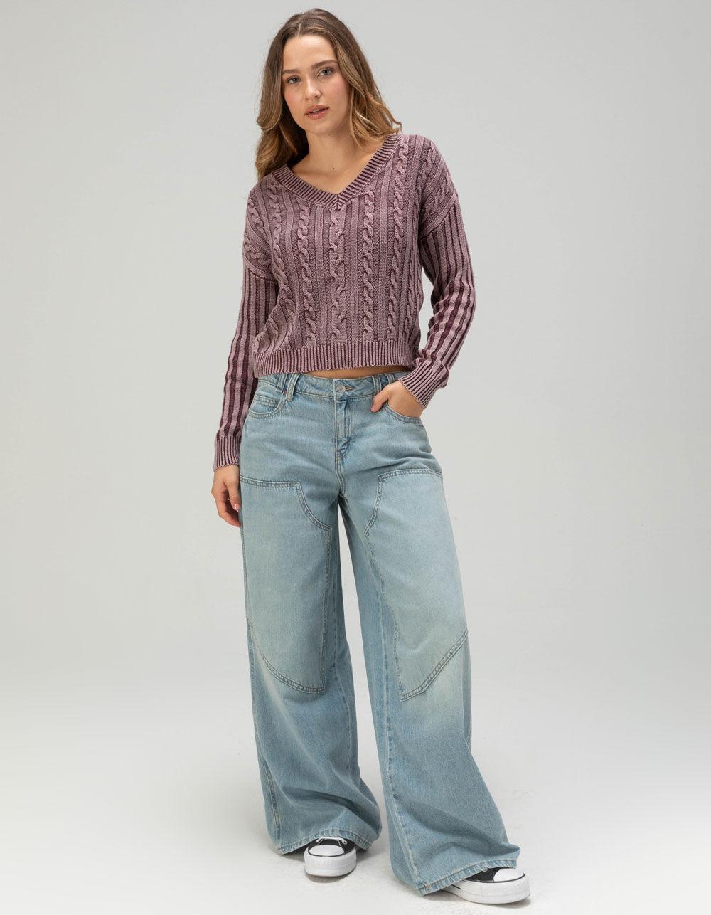 RSQ Womens Washed Cable Knit V-Neck Sweater - BLACK Product Image