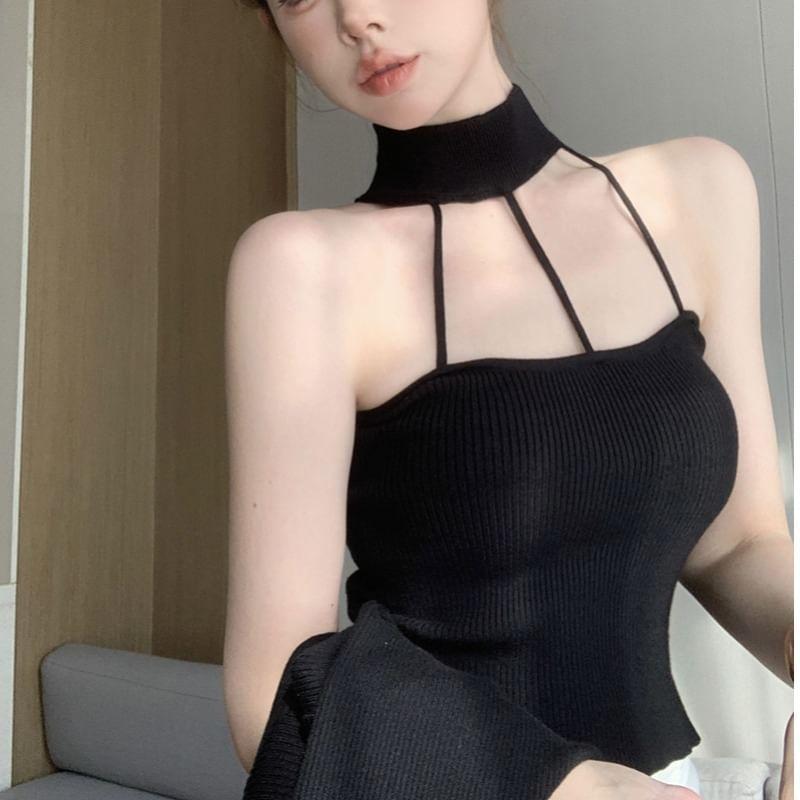Set: Halter Neck Plain Camisole Top + Crew Neck Plain cardigan Product Image