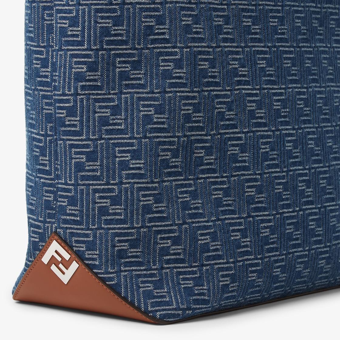 FF Shopping Bag MediumBlue denim-effect FF Jacquard and brown leather bag Product Image