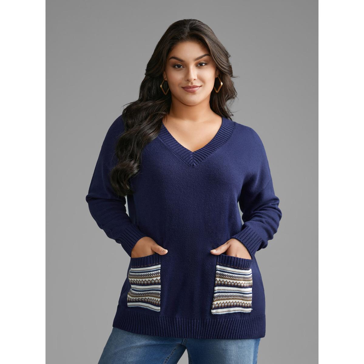 Plus Size Striped Jacquard Patched Pocket Pullover Indigo Women Casual Loose Long Sleeve V-neck Everyday Pullovers BloomChic 10/M Product Image