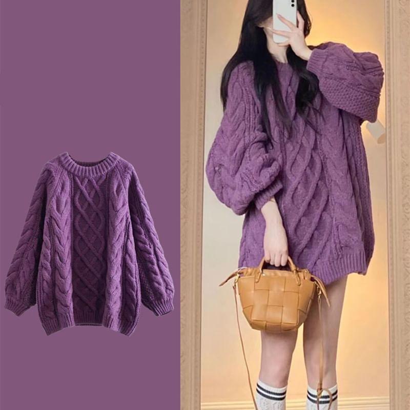 Crew Neck Plain Cable Knit Oversized Sweater Product Image