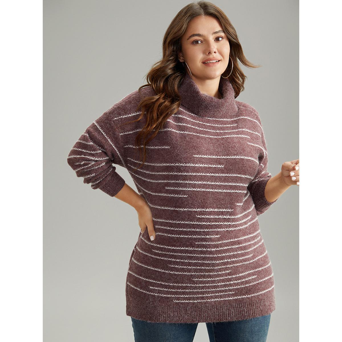 Plus Size Striped Heather Turtleneck Split Hem Pullover Burgundy Women Casual Loose Long Sleeve Turtleneck Everyday Pullovers BloomChic 10/M Product Image