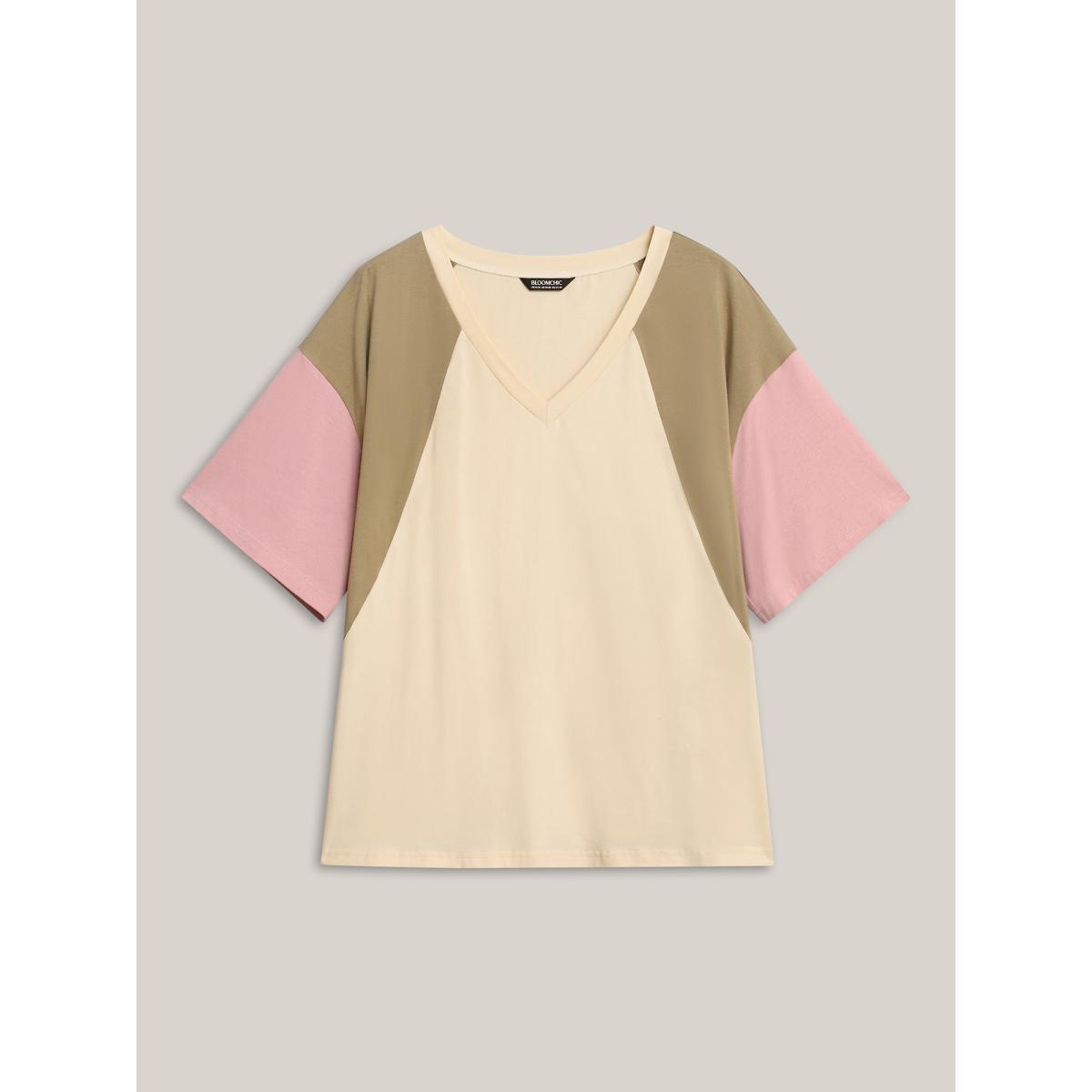 Plus Size Pure Cotton Color Contrast T-Shirt Apricot Women Contrast V-neck Vacation T-shirts BloomChic 10/M Product Image