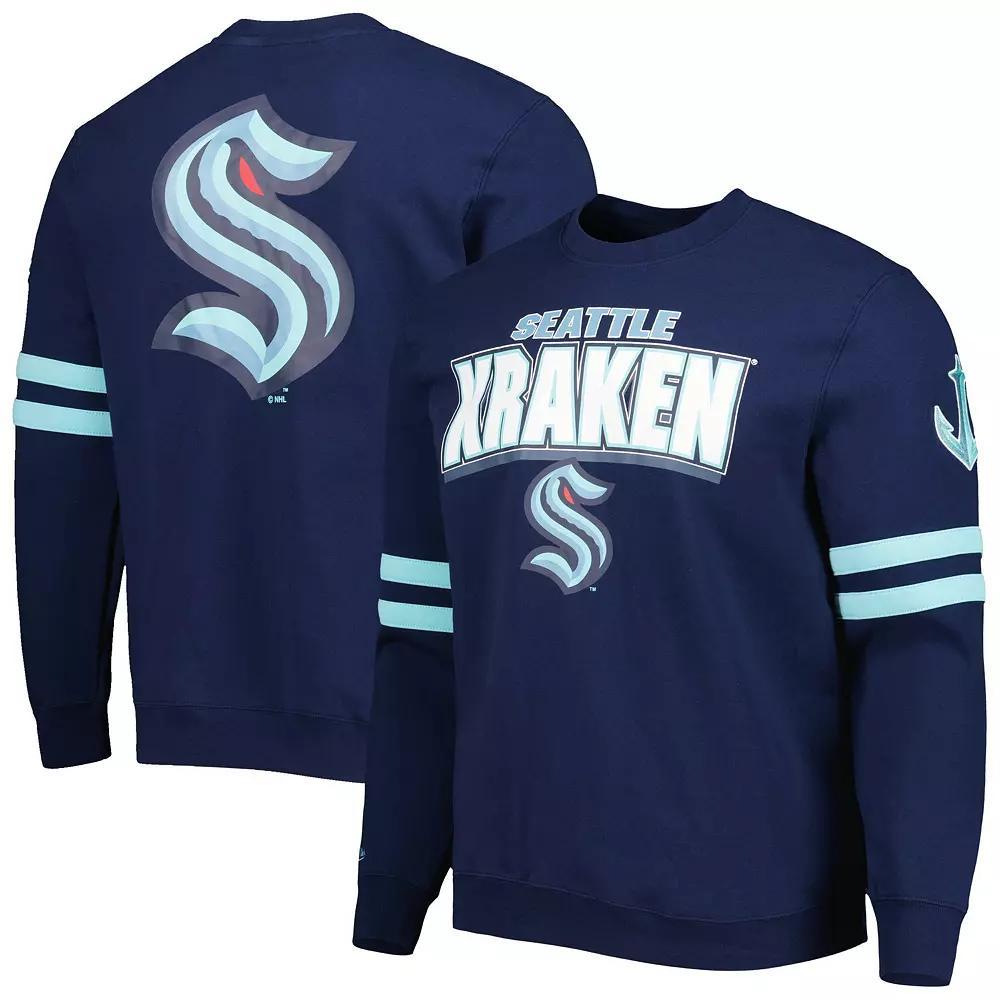 Men's Mitchell & Ness Deep Sea Blue Seattle Kraken Allover Logo Pullover Sweatshirt, Size: Medium, Krk Blue Product Image