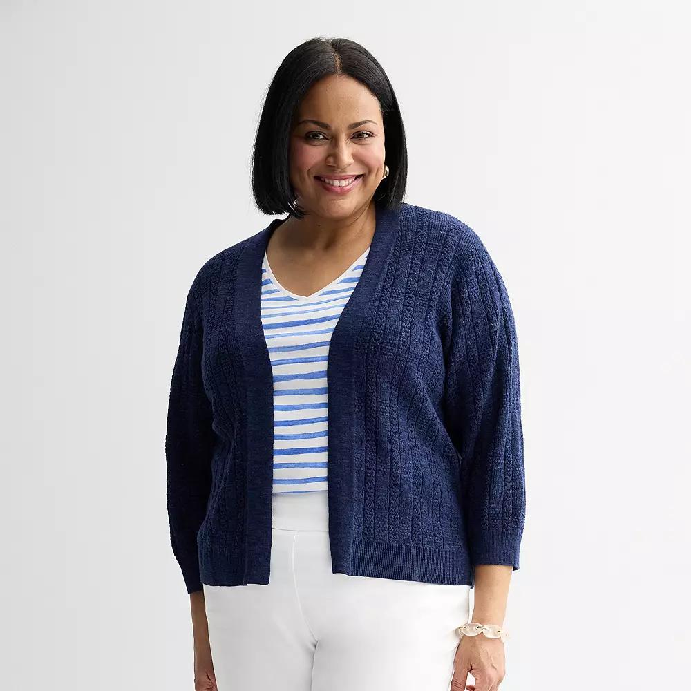 Plus Size Croft & Barrow® Pointelle Basket Open Front Cardigan, Women's, Size: 5XL, Blue Product Image