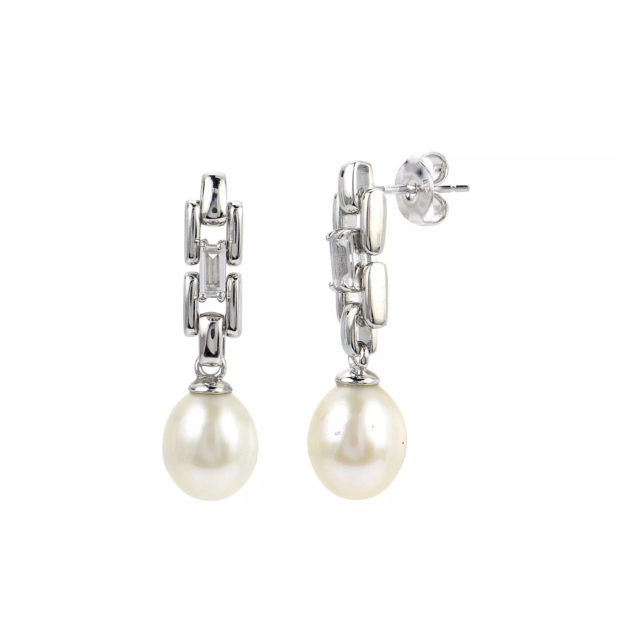 PearLustre by Imperial Sterling Silver Freshwater Cultured Pearl & White Topaz Drop Earrings, Womens Product Image