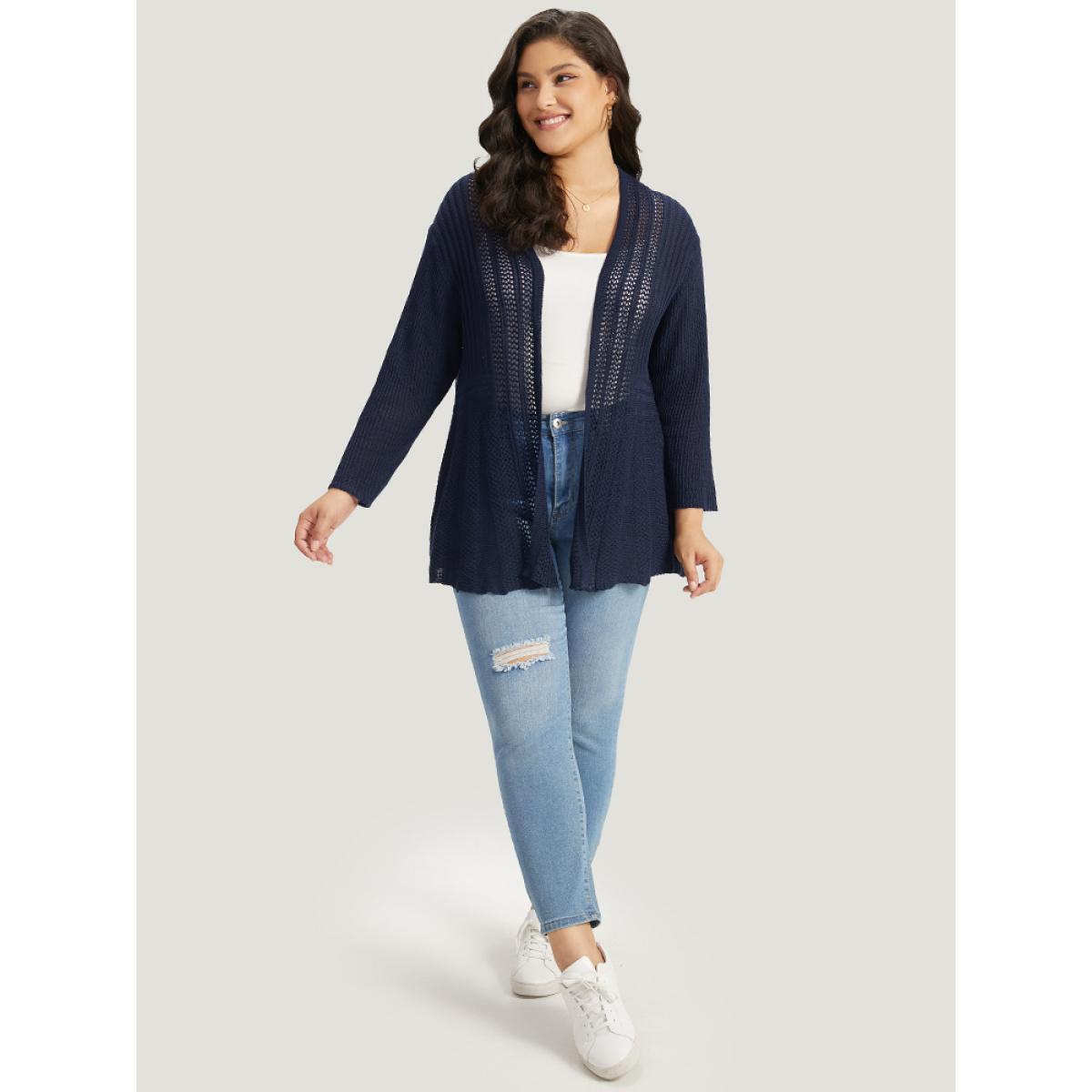 Plus Size Plain Hollow Out Drop Shoulder Open Front Cardigan Indigo Women Casual Loose Long Sleeve Everyday Cardigans BloomChic 22-24/3X Product Image