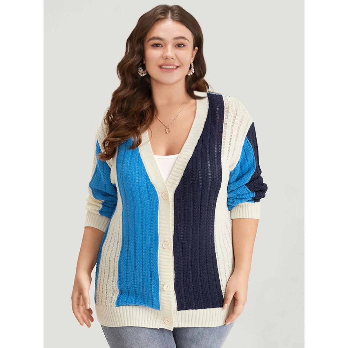 Plus Size Colorblock Contrast Button Down Drop Shoulder Cardigan Blue Women Casual Loose Long Sleeve Everyday Cardigans BloomChic 30/6X Product Image