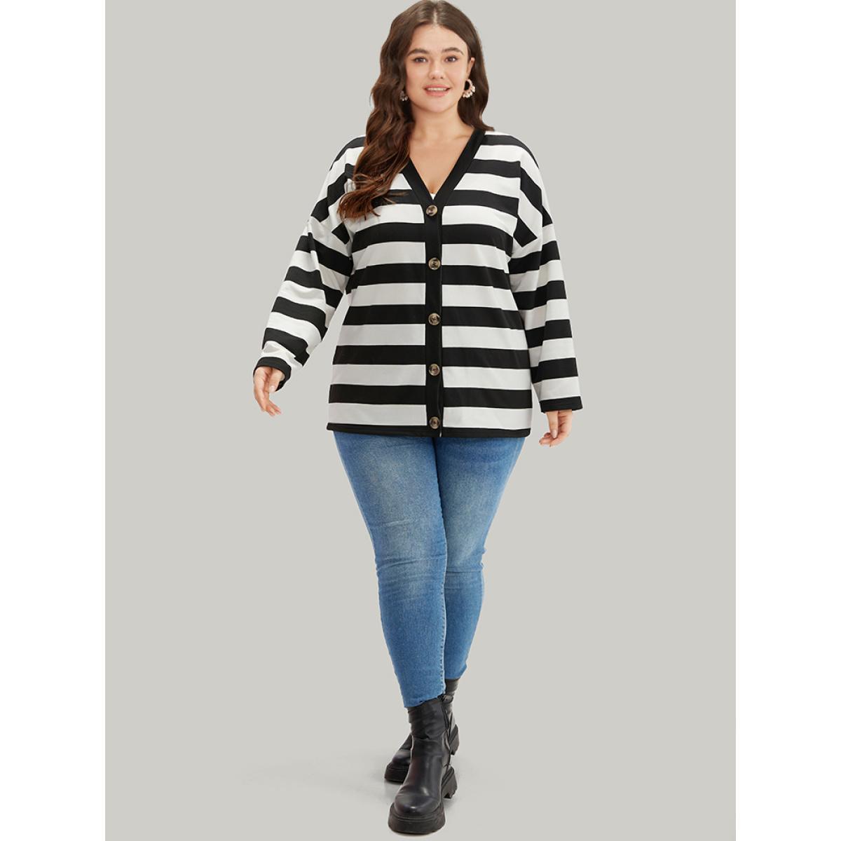 Plus Size Halloween Striped Button Through Jacket Women Black Casual Contrast Ladies Dailywear Winter Coats BloomChic 12/L Product Image