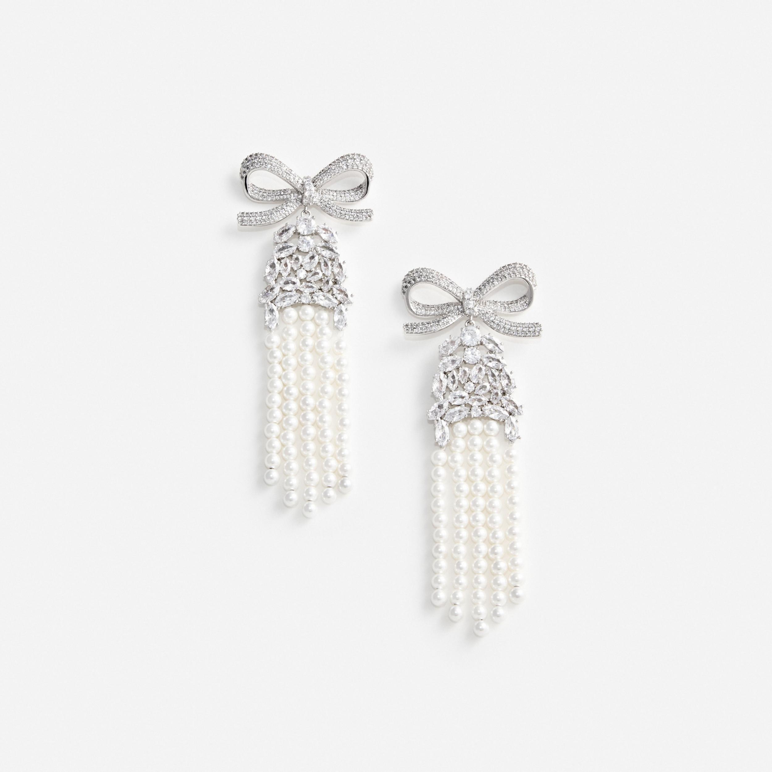 Crystal Bow Pearl Droplet Earrings Product Image