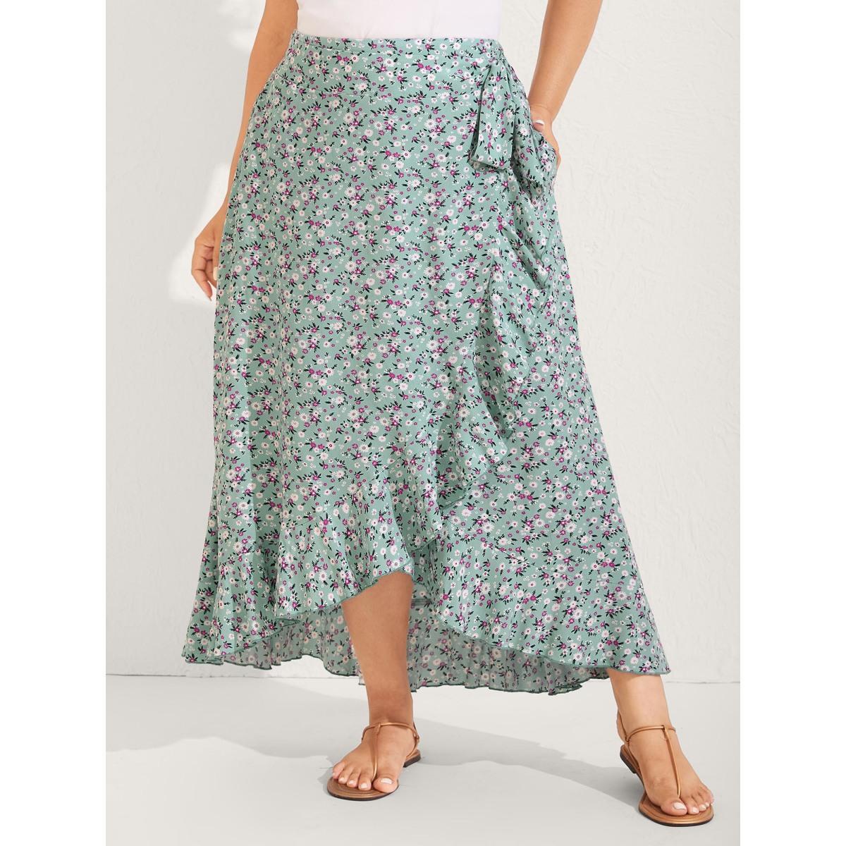 Plus Size Rayon Ditsy Floral Print Side-Tie Maxi Skirt Women LightGreen Resort Loose No stretch Side seam pocket Belt Vacation Skirts BloomChic 12/L Product Image