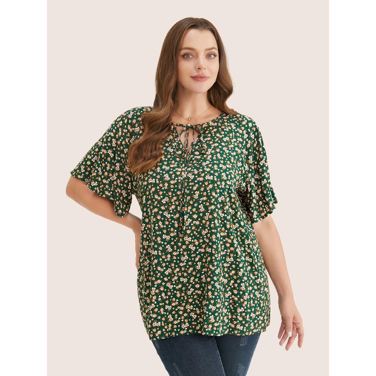 Plus Size ArmyGreen Ditsy Floral Ruffle Sleeve Tie Neck Blouse Women Elegant Short sleeve V-neck Everyday Blouses BloomChic 10/M Product Image