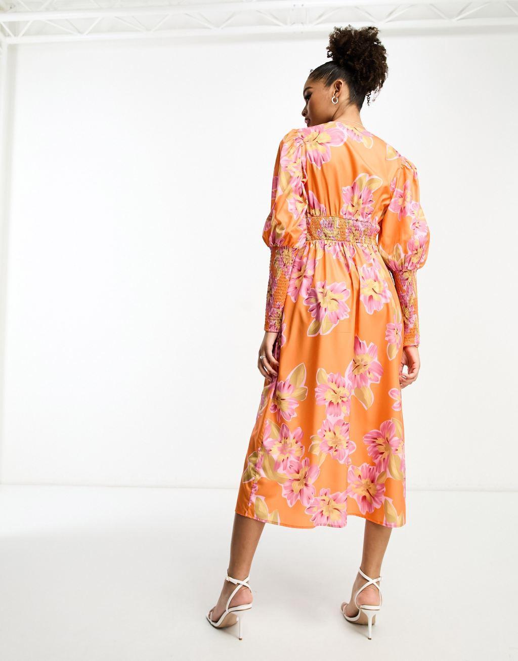 In The Style button up shirred cuff detail midi tea dress Product Image