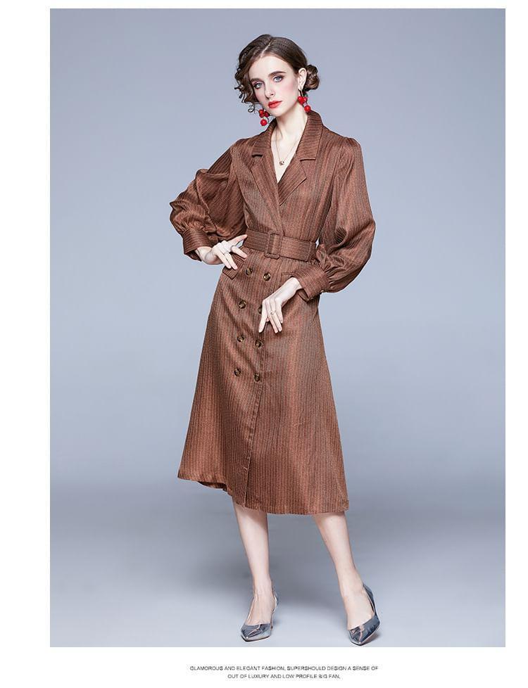 Long Sleeve Collared Pinstriped Double Breasted Belted Midi A-Line Dress Product Image