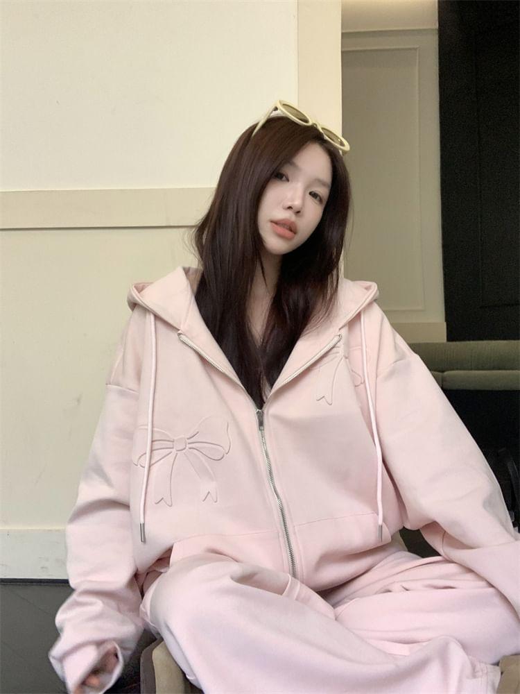Bow Embossed Zip-Up Hoodie / Drawstring Waist Plain Wide Leg Sweatpants Product Image