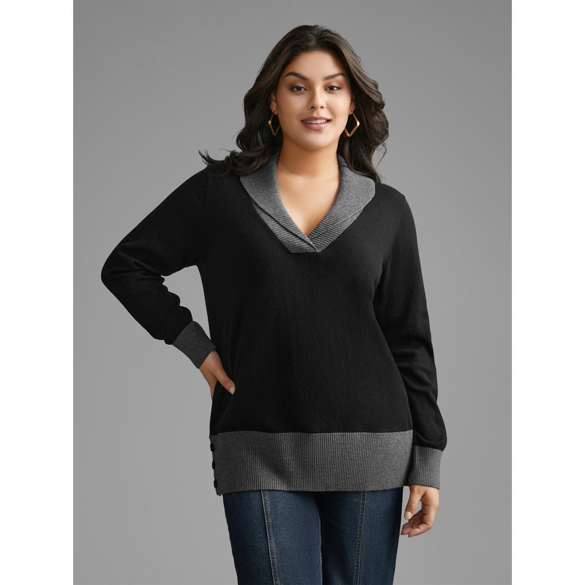 Plus Size Contrast Overlap Collar Button Detail Pullover Black Women Casual Loose Long Sleeve Overlap Collar Everyday Pullovers BloomChic 14-16/1X Product Image