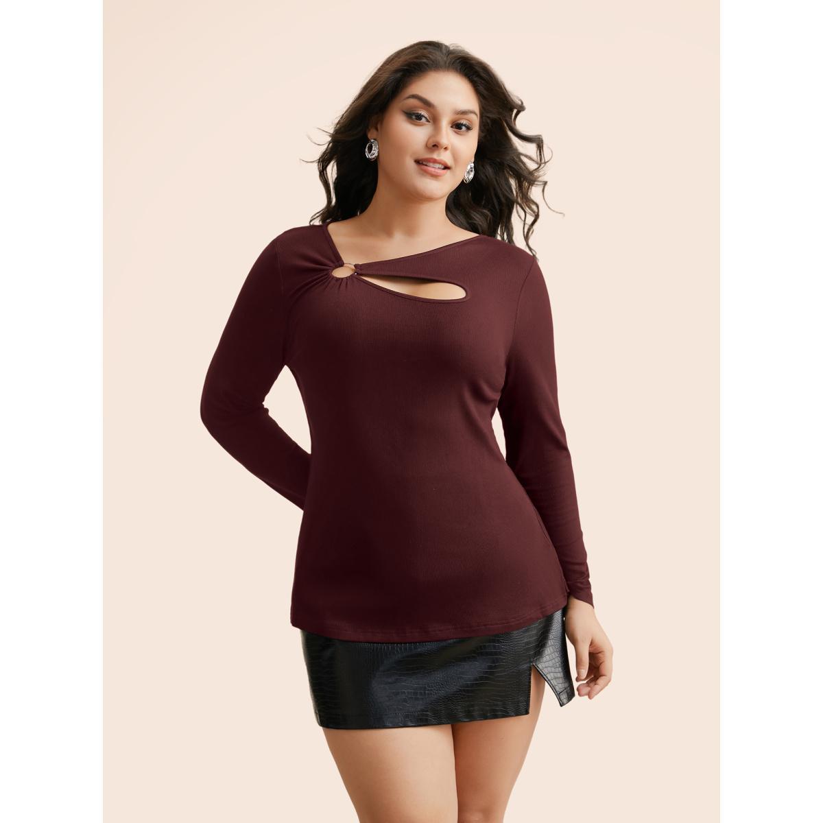 Plus Size Rib Knit Asymmetrical Neck Cut Out T-shirt Burgundy Women Elegant Texture Asymmetrical Neck Skinny Everyday T-shirts BloomChic 22-24/3X Product Image