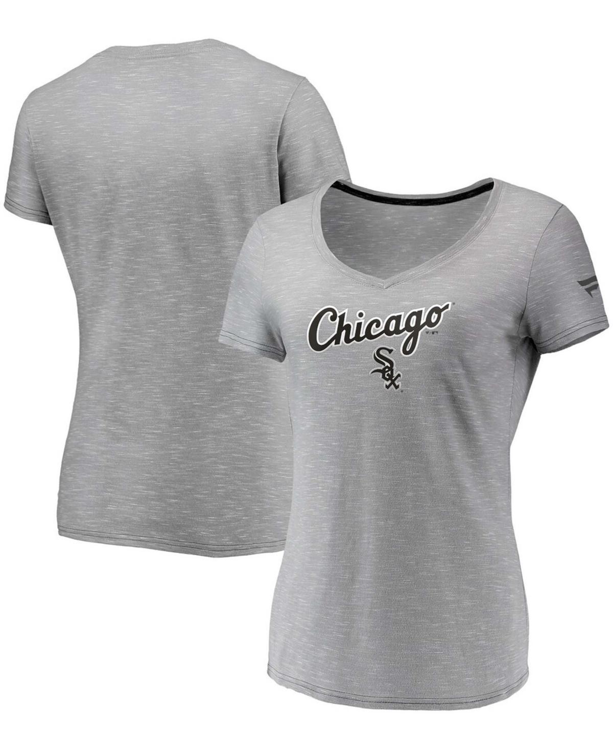 Women's Fanatics Branded Gray Chicago White Sox Wordmark & Logo Space-Dye V-Neck T-Shirt, Size: Small, Grey Product Image