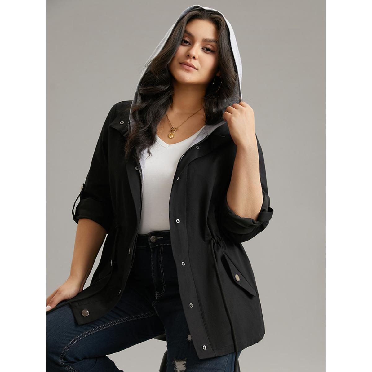 Plus Size Contrast Hooded Drawstring Zipper Button Up Jacket Women Black Contrast Pocket Dailywear Jackets BloomChic 22-24/3X Product Image