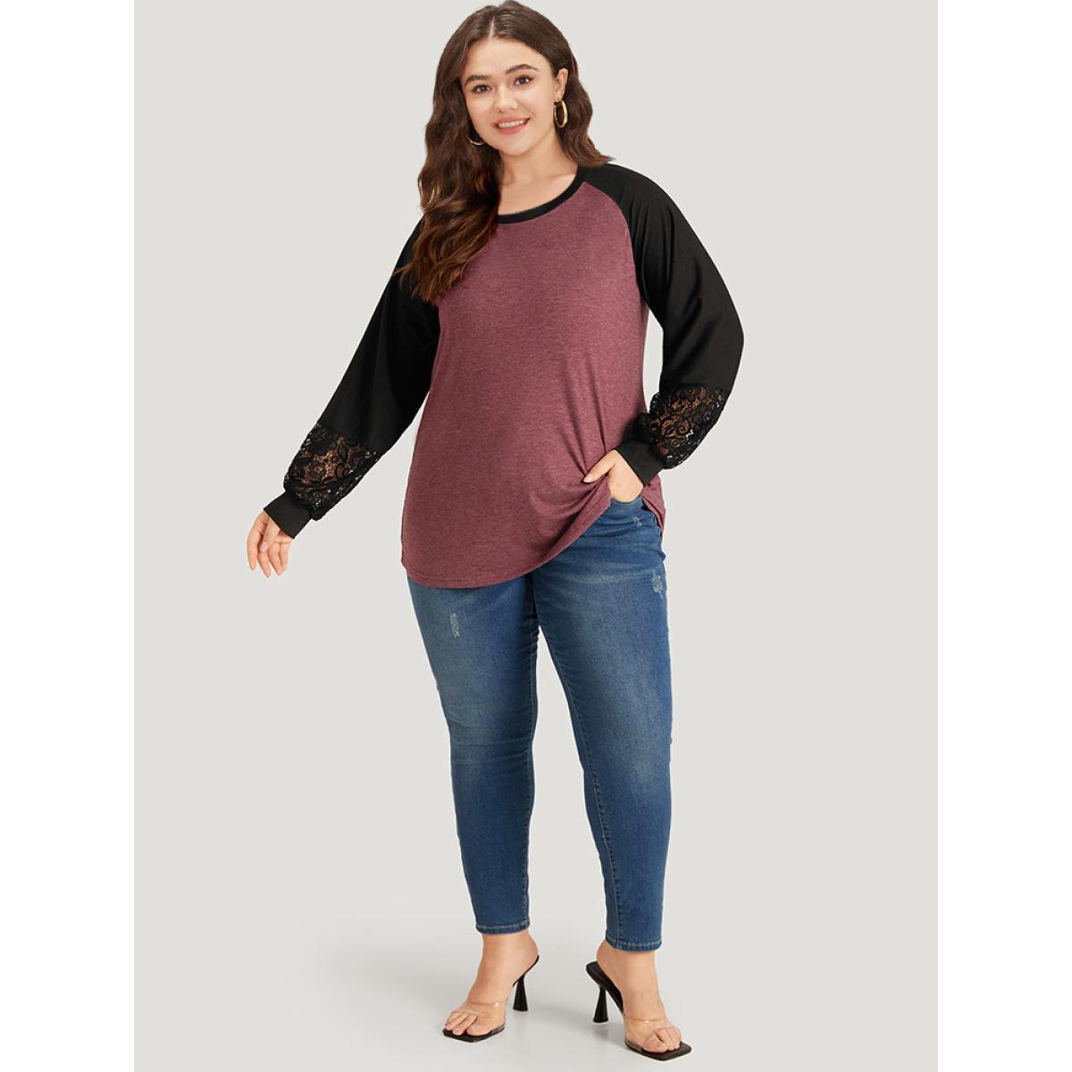Plus Size Round Neck Lace Patchwork Raglan Sleeve T-shirt Russet Women Elegant Elastic cuffs Plain Round Neck Dailywear T-shirts BloomChic 10/M Product Image