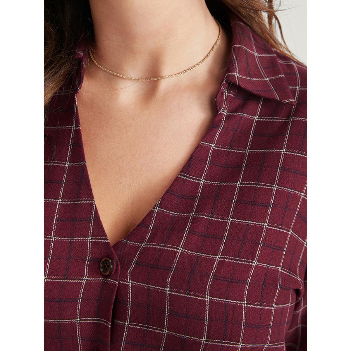 Plus Size Gingham Pocket Button Up Bell Sleeve V Neck Dress Without Belt Russet Women Office Button V-neck Long Sleeve Curvy Midi Dress BloomChic 18-20/2X Product Image